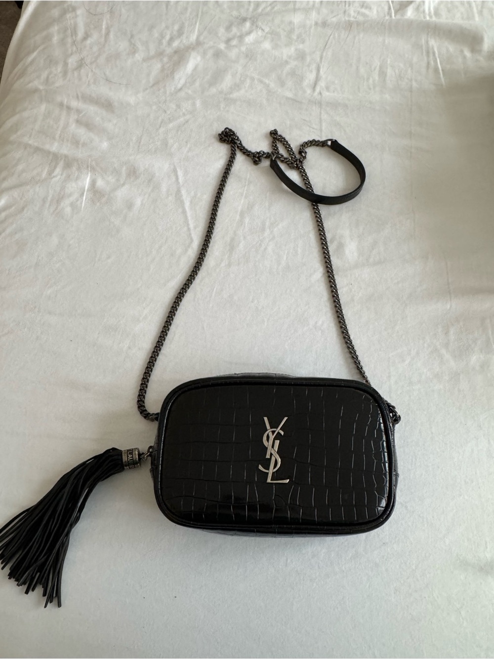 Saint Laurent Black Croc-Embossed Leather Crossbody with Tassel
